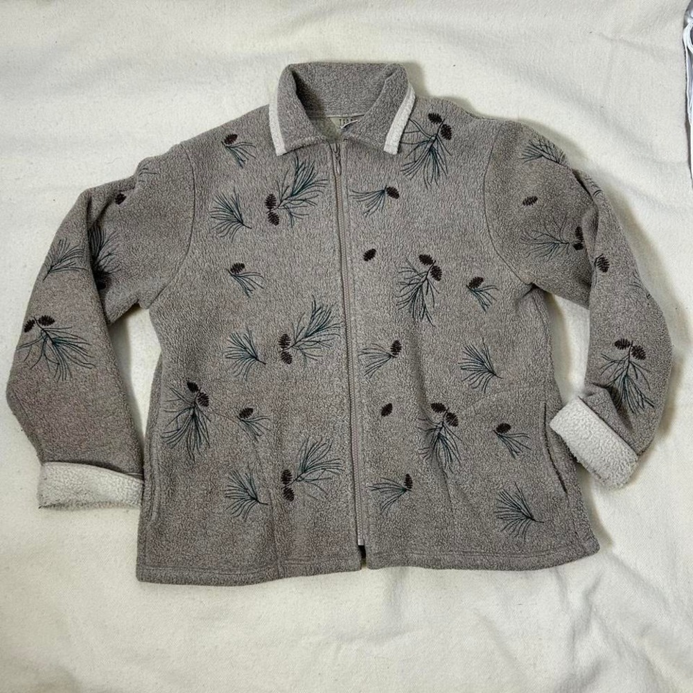 Vintage 1990s Pine Trees Cones Woods Forest Button Cardigan Fleece Sweater‎